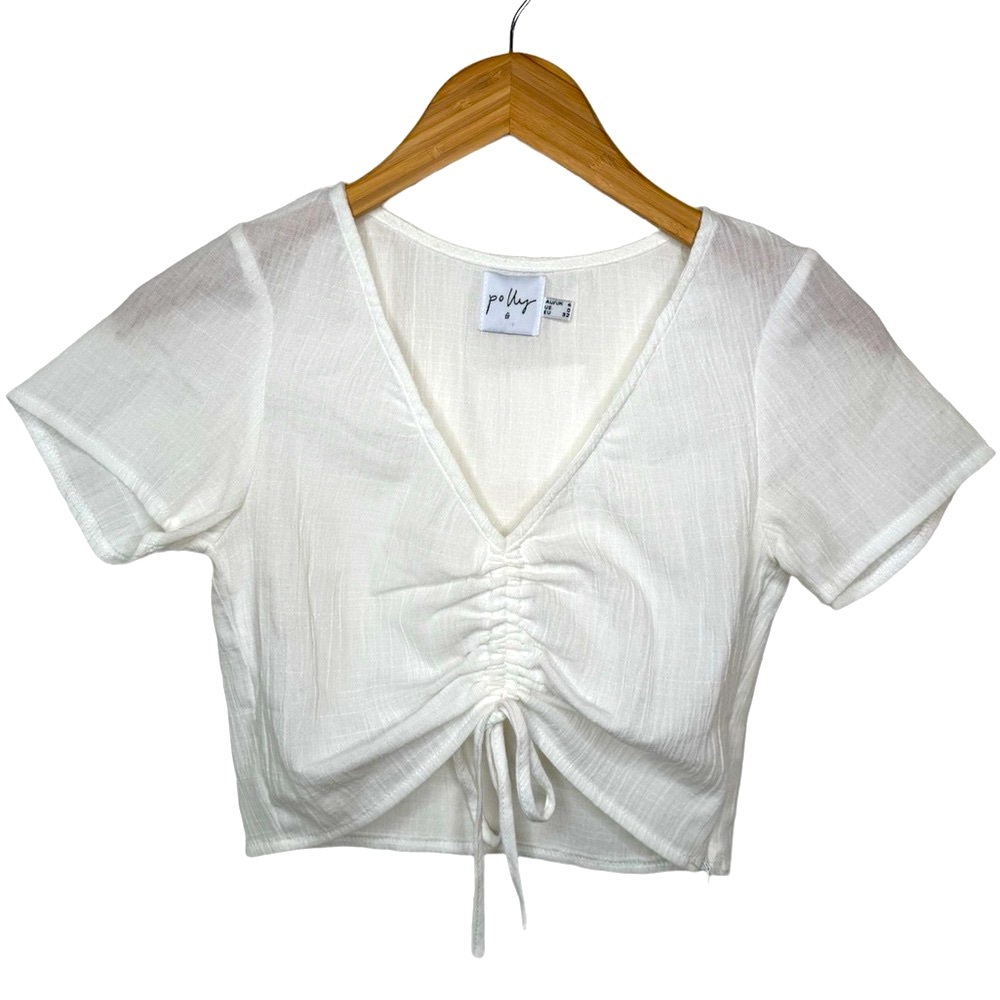White Polly Cinch Crop Top Size Womens Zero Short Sleeve Shirt Cotton Minimalist